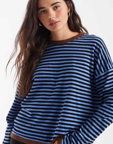 ASOS DESIGN knitted striped jumper with contrast trim in blue and brown - view 1