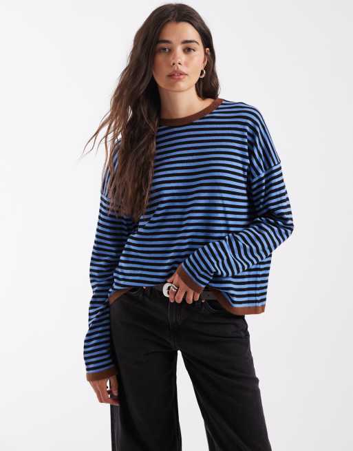 ASOS DESIGN knitted striped jumper with contrast trim in blue and brown, 3 of 4