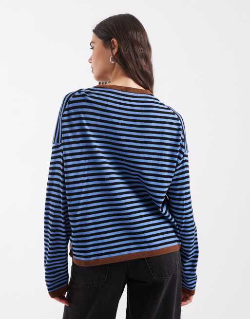 ASOS DESIGN knitted striped jumper with contrast trim in blue and brown, 4 of 4