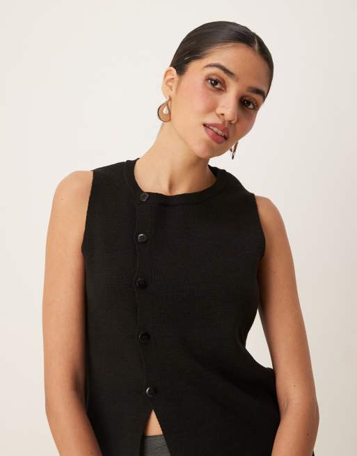 ASOS DESIGN knitted asymmetric button front vest with split in black