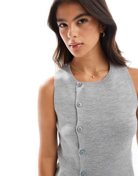ASOS DESIGN knitted structured asymmetric button front waistcoat with split in grey - view 1