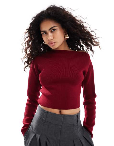 ASOS DESIGN knitted structured asymmetric top in burgundy - view 1