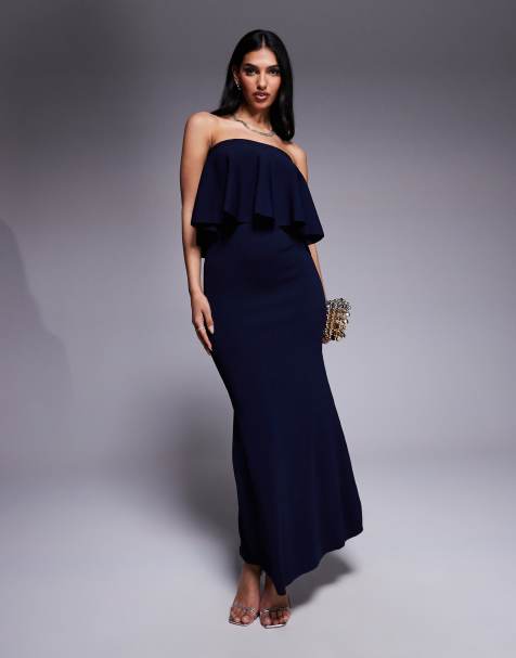 ASOS DESIGN knitted structured bandeau frill midaxi dress in navy - view 1