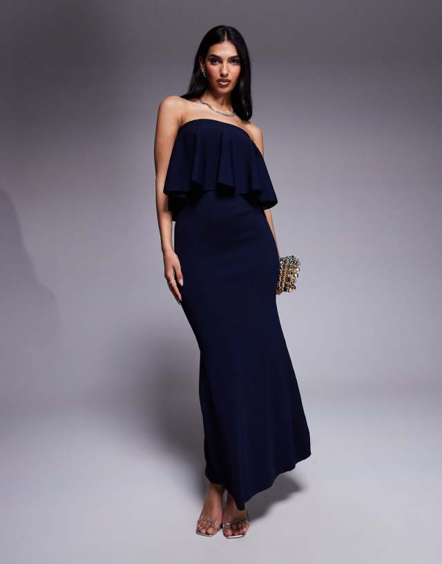 ASOS DESIGN knitted structured bandeau frill midaxi dress in navy