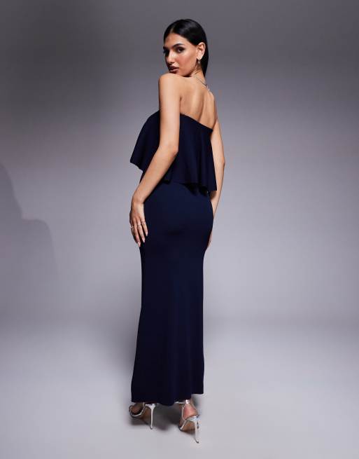 ASOS DESIGN knitted structured bandeau frill midaxi dress in navy, 2 of 4