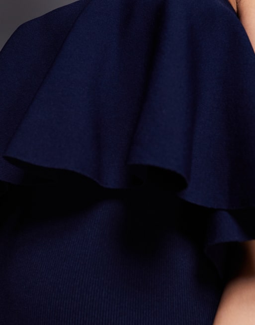 ASOS DESIGN knitted structured bandeau frill midaxi dress in navy, 3 of 4