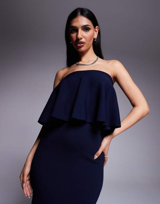 ASOS DESIGN knitted structured bandeau frill midaxi dress in navy, 4 of 4