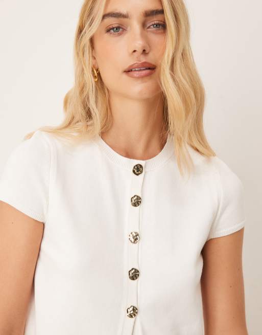 ASOS DESIGN knitted structured cap sleeve cardigan with gold buttons in cream