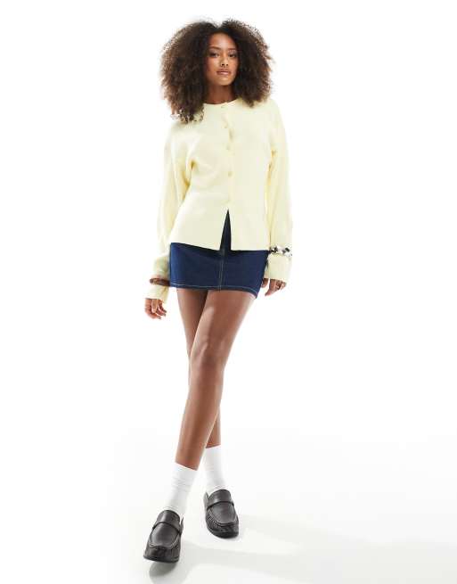 ASOS DESIGN knitted structured crew neck cardigan in buttermilk