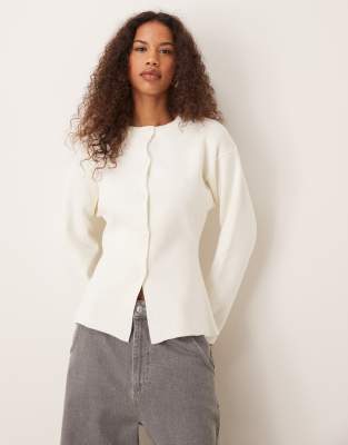 knitted structured crew neck cardigan in cream-White