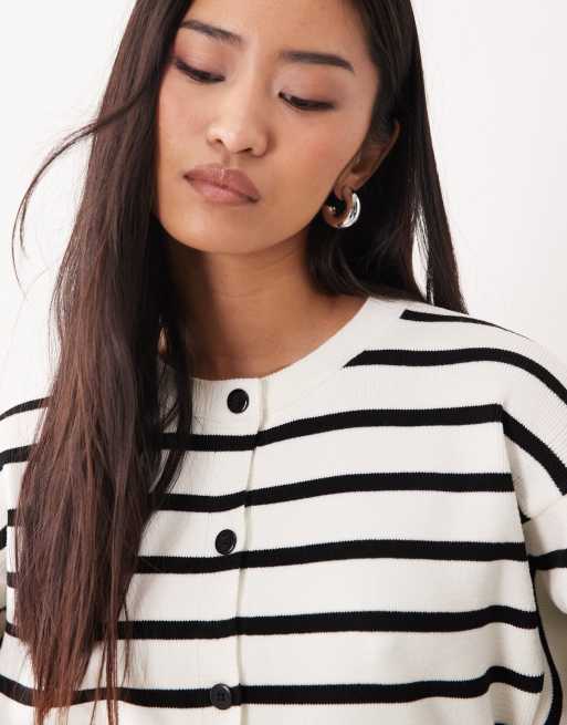 ASOS DESIGN knitted structured crew neck cardigan in mono stripe, 3 of 4