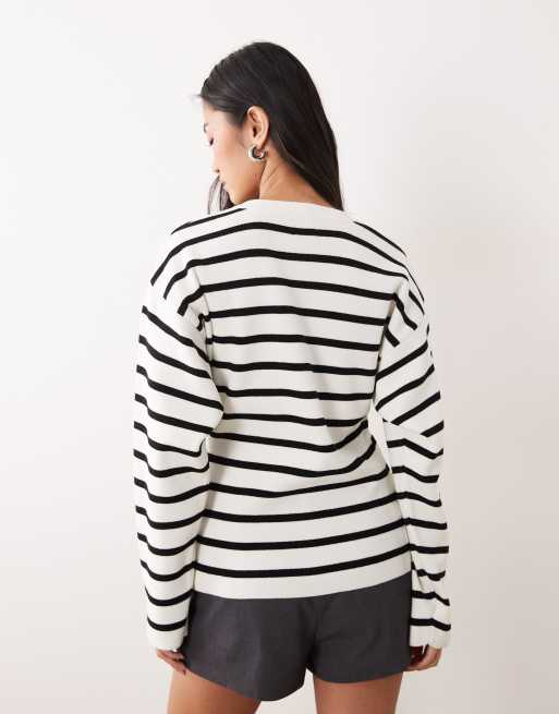 ASOS DESIGN knitted structured crew neck cardigan in mono stripe, 4 of 4