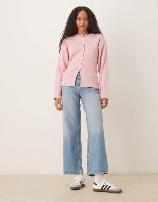 ASOS DESIGN knitted structured crew neck cardigan in pink