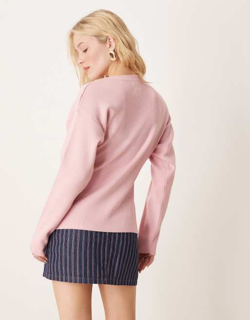 ASOS DESIGN knitted structured crew neck cardigan in pink