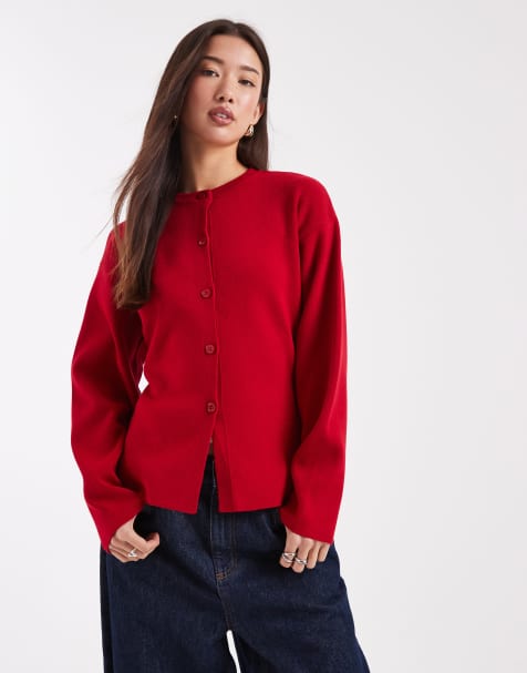 ASOS DESIGN knitted structured crew neck cardigan in red - view 1