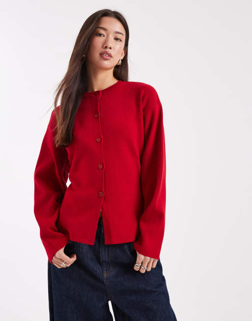 ASOS DESIGN knit structured crew neck cardigan in red
