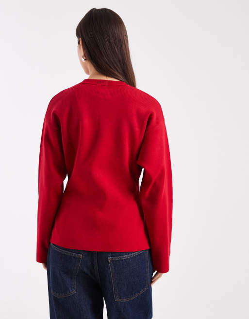ASOS DESIGN knit structured crew neck cardigan in red