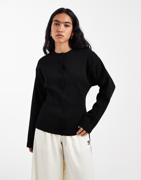 ASOS DESIGN knitted structured crew neck cardigan with covered buttons in black - view 1