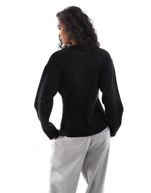 ASOS DESIGN knitted structured crew neck cardigan with gold buttons in black