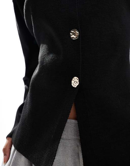 ASOS DESIGN knitted structured crew neck cardigan with gold buttons in black