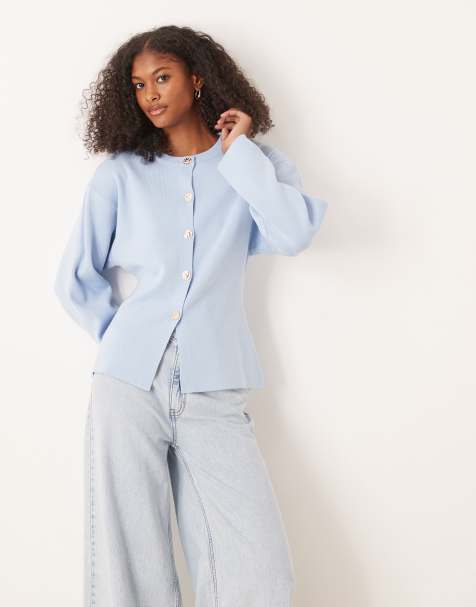 ASOS DESIGN knitted structured crew neck cardigan with gold buttons in blue - view 1