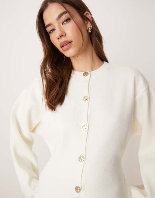 ASOS DESIGN knitted structured crew neck cardigan with gold buttons in cream