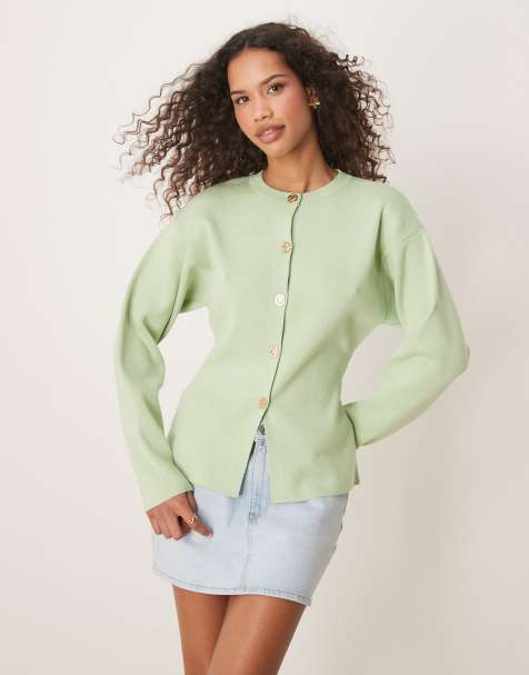 ASOS DESIGN knitted structured crew neck cardigan with gold buttons in sage - view 1