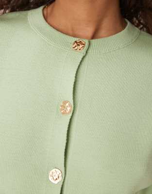 ASOS DESIGN knitted structured crew neck cardigan with gold buttons in sage