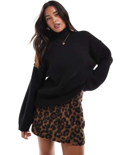 ASOS DESIGN knitted structured funnel neck jumper in black - view 1