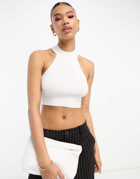 ASOS DESIGN knitted structured halter crop cami in white - view 1