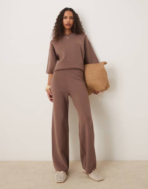 ASOS DESIGN knitted structured knit t shirt & compact trouser co-ord in mocha - view 1