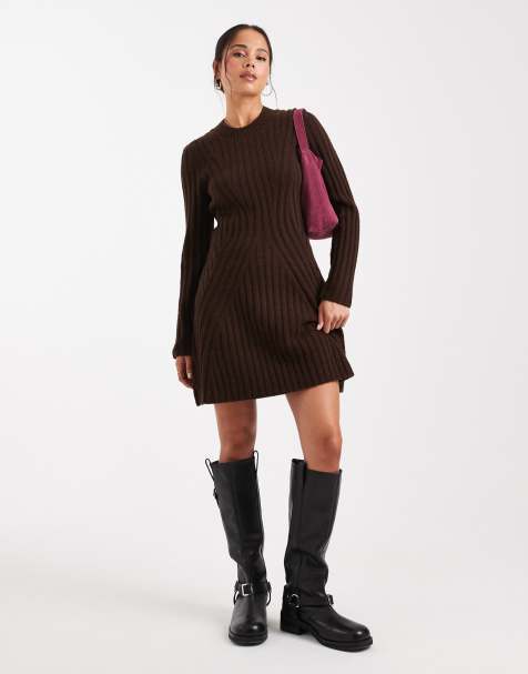 ASOS DESIGN knitted structured mini dress in chocolate - view 1