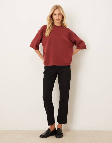 ASOS DESIGN knitted structured oversized t shirt in burgundy - view 2