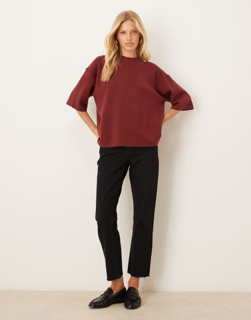 ASOS DESIGN knitted structured oversized t shirt in burgundy, 2 of 4