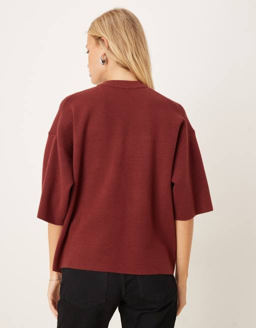 ASOS DESIGN knitted structured oversized t shirt in burgundy, 3 of 4