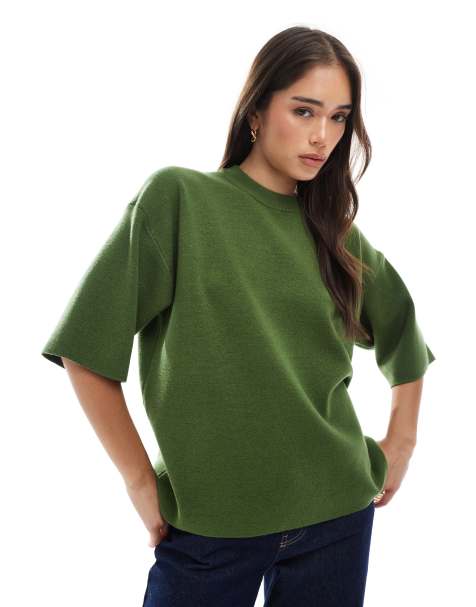ASOS DESIGN knitted structured oversized t shirt in olive - view 1