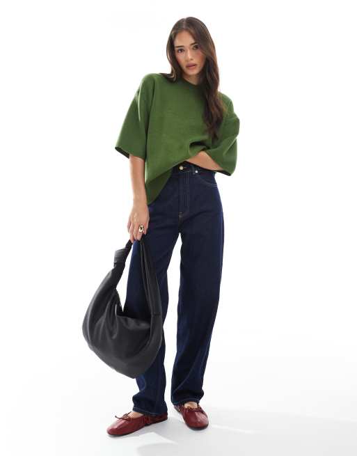 ASOS DESIGN knitted structured oversized t shirt in olive, 2 of 4