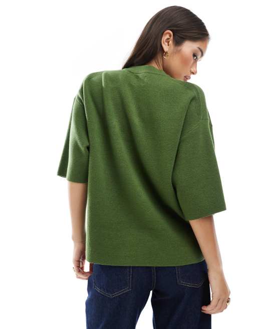 ASOS DESIGN knitted structured oversized t shirt in olive, 3 of 4