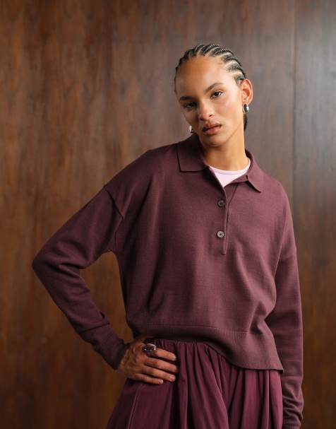 ASOS DESIGN knitted structured polo top in burgundy - view 1