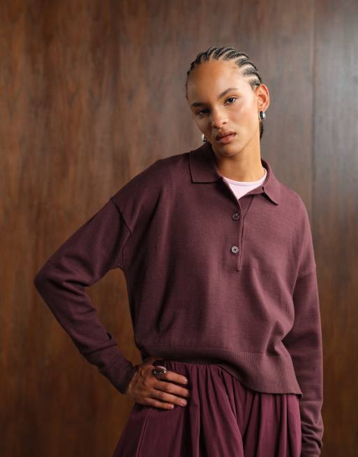 ASOS DESIGN knitted structured polo top in burgundy