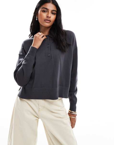 ASOS DESIGN knitted structured polo top in grey - view 1
