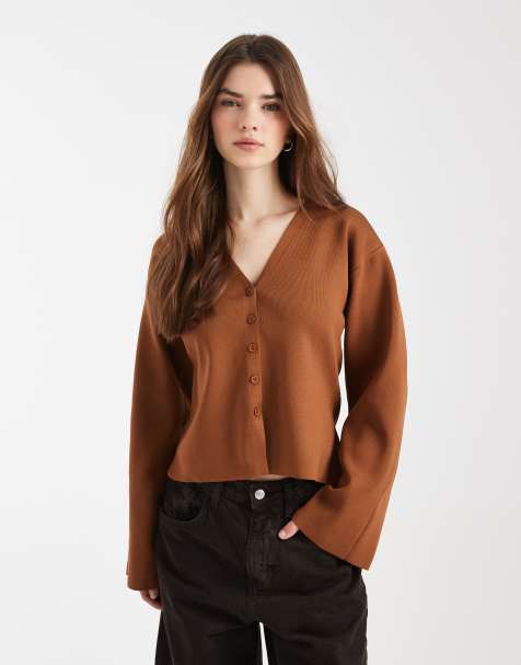 ASOS DESIGN knitted structured v-neck cardigan in brown - view 1