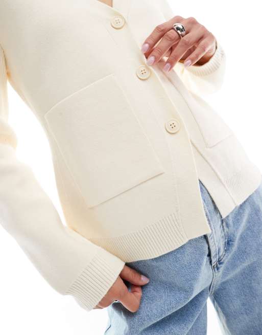 ASOS DESIGN knitted structured v neck cardigan with seam detail in cream, 3 of 4
