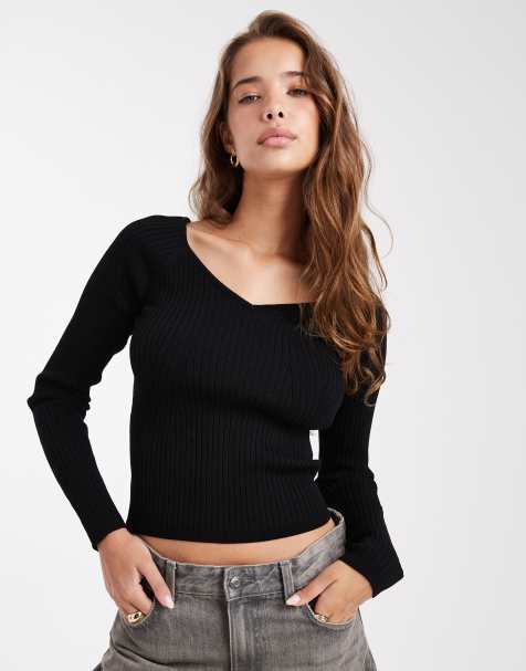 ASOS DESIGN knitted structured v neck top in black - view 1