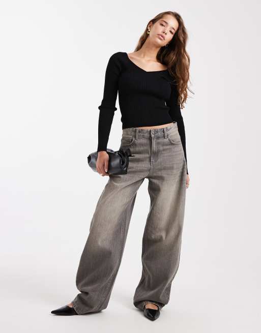 ASOS DESIGN knitted structured v neck top in black