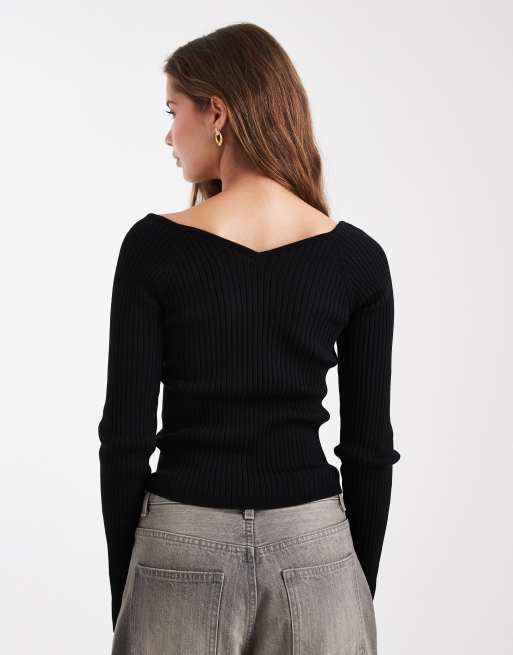 ASOS DESIGN knitted structured v neck top in black