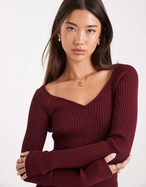 ASOS DESIGN knitted structured v neck top in burgundy - view 1