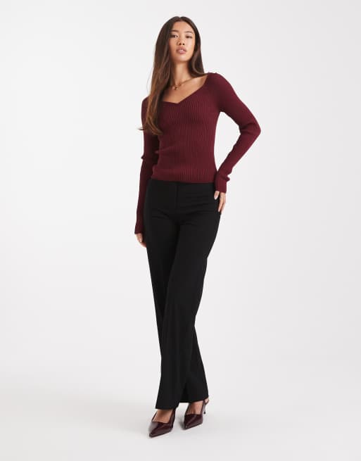 ASOS DESIGN knitted structured v neck top in burgundy