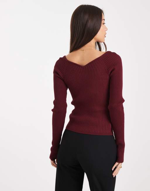 ASOS DESIGN knitted structured v neck top in burgundy