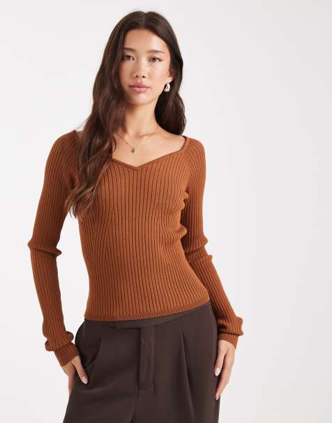 ASOS DESIGN knitted structured v neck top in toffee - view 1